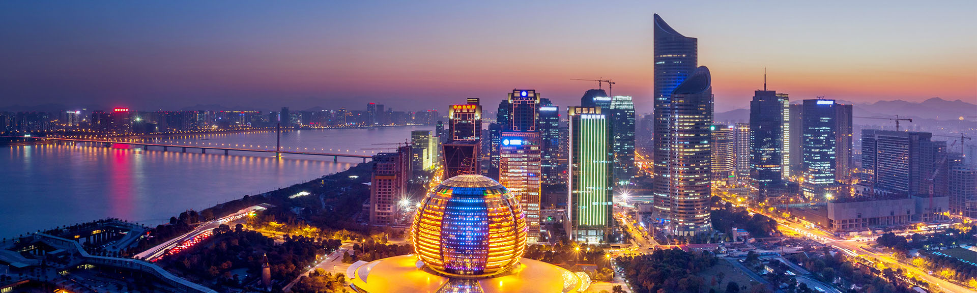 Global city skyline at dusk
