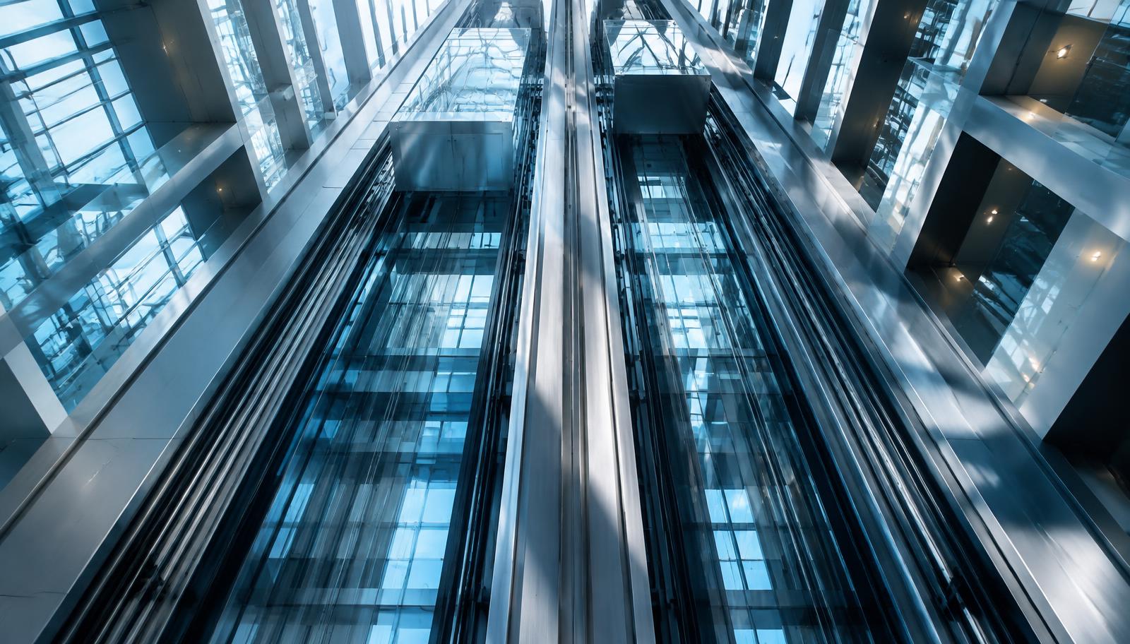 Upward view through glass elevator shafts and brushed steel structural ribs
