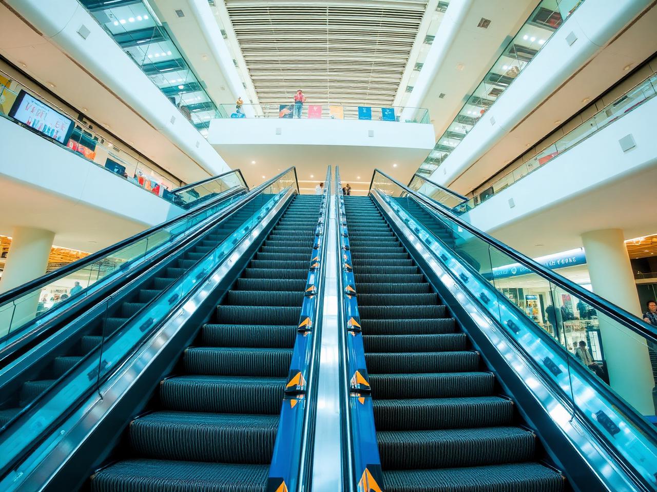 Modern escalators with glass balustrades in a commercial atrium