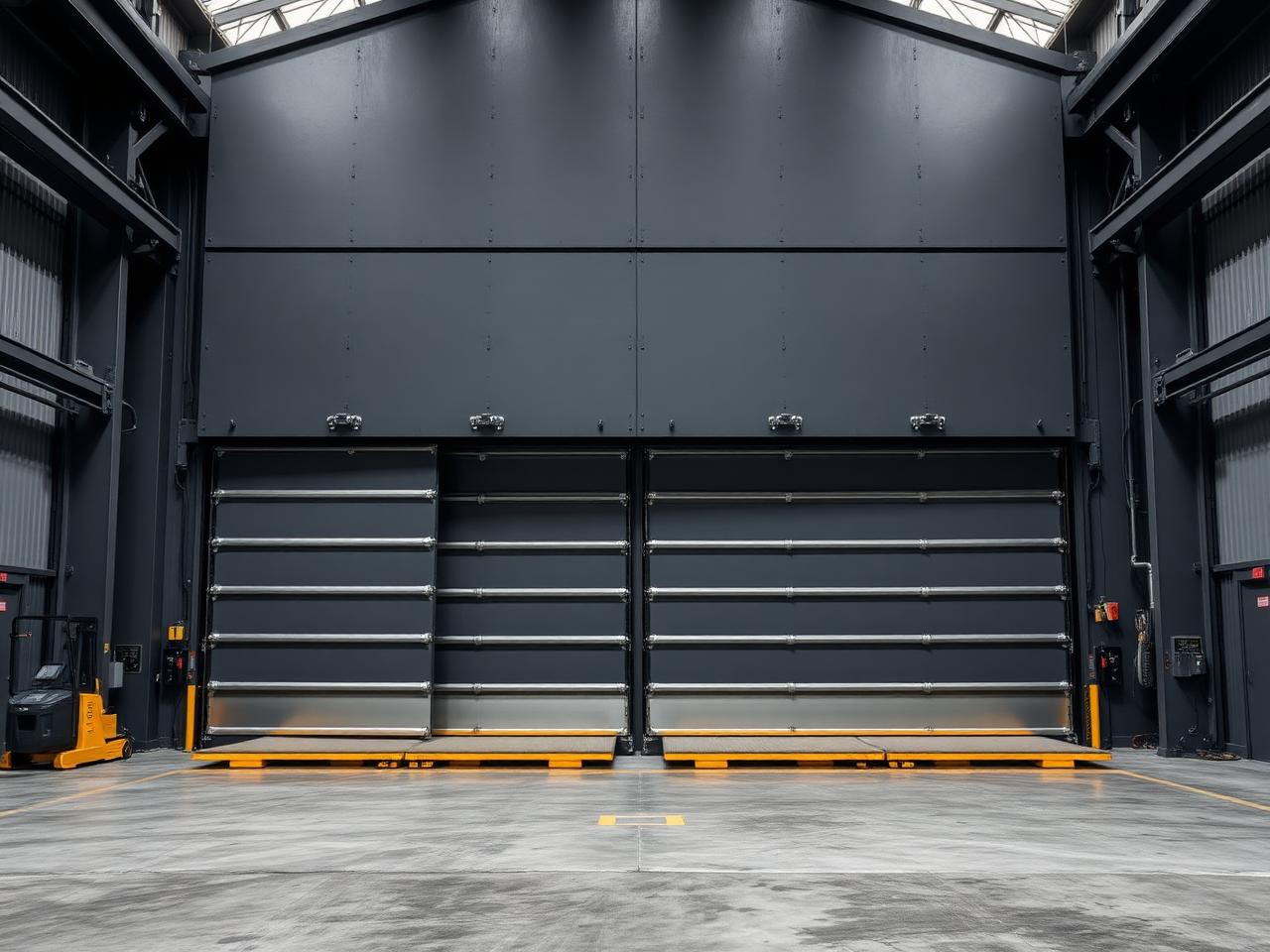 Heavy-duty freight lift platform doors in an industrial facility