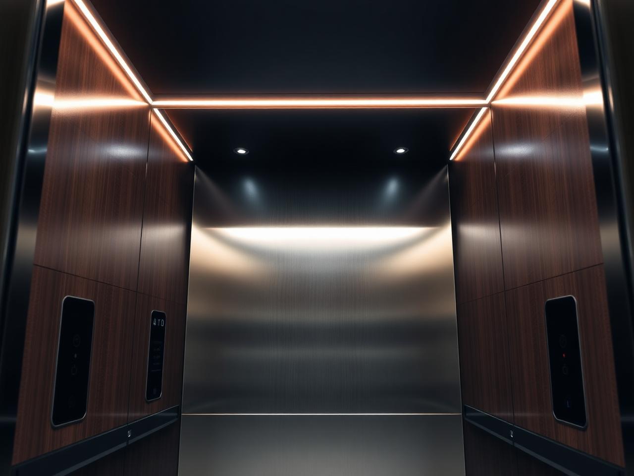 Premium lift cabin interior with dark wood panels and hidden LED lighting